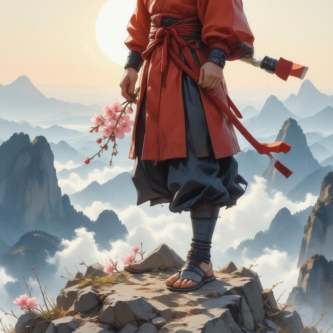 A serene and peaceful anime illustration of a young samurai standing on a mountain peak, surrounded by mist and a bright sky, with a sense of calm and serenity.