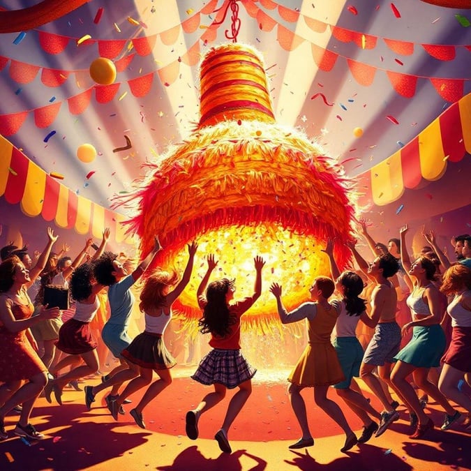 A lively scene from a carnival event, with people dancing around a large cake piñata. The vibrant atmosphere is filled with excitement and fun.