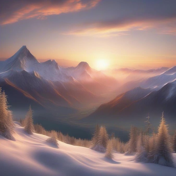 A breathtaking winter landscape featuring snow-covered mountains and trees, set against a backdrop of a vibrant sunset.