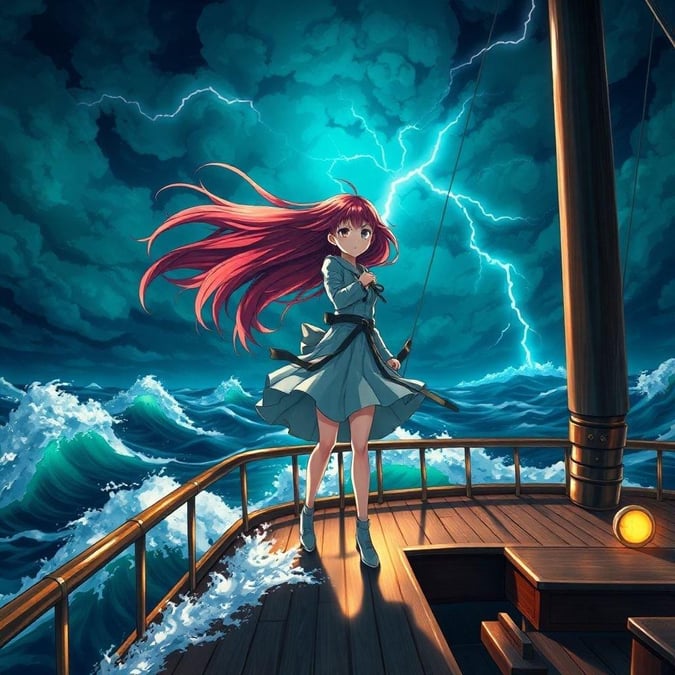 Get swept away by the anime warrior's determination as she stands strong against the stormy sea and sky.