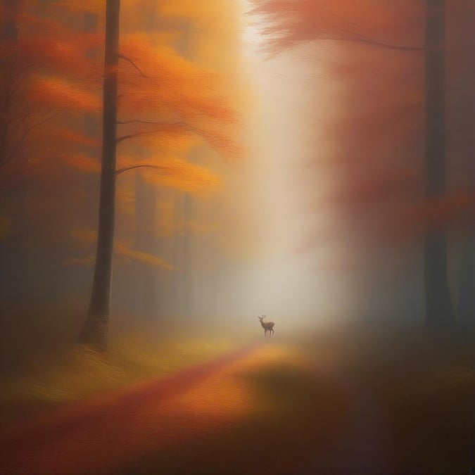 This wallpaper captures the serene beauty of an autumn forest, with a majestic deer standing in the misty woods.