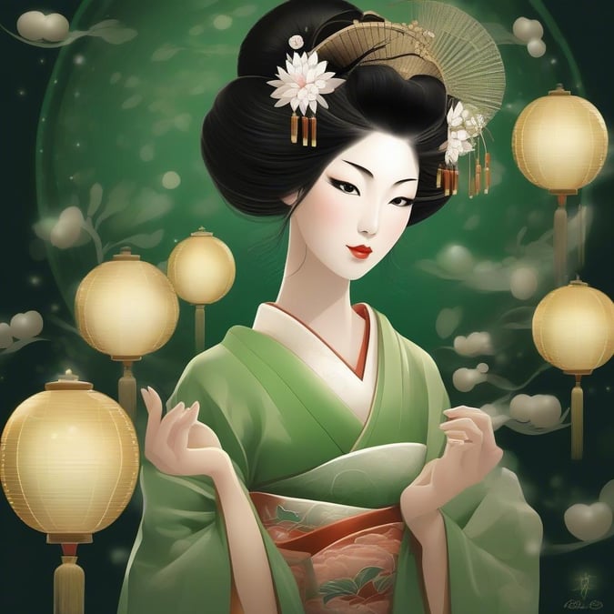 An elegant anime-style illustration of a geisha in tranquil repose, surrounded by floating orbs of light. This detailed digital art captures the serene beauty and cultural significance of geishas.