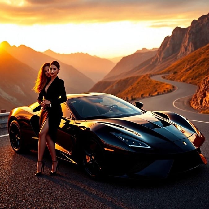 Two stylish ladies hit the road in their dream sports car, embodying luxury and adventure on a breathtaking mountain pass at sunset.