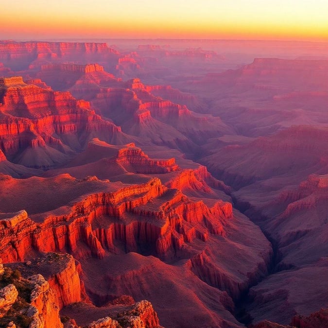 Experience the breathtaking beauty of the Grand Canyon at sunset, where the sky transforms into a kaleidoscope of colors and the rugged terrain is bathed in a warm, golden light.