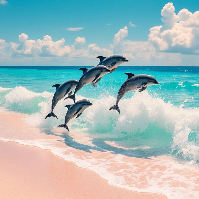 This stunning wallpaper captures the beauty of dolphins playing in the ocean waves on a sunny day. The vibrant colors and dynamic composition make it perfect for desktop and mobile use, bringing a touch of the ocean's serenity to your screen.