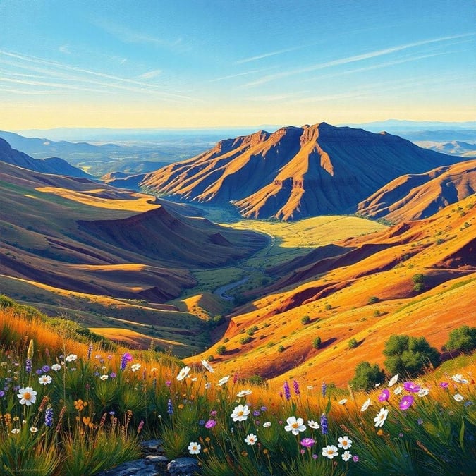 A picturesque view from high above the mesa, where the sun casts its warm glow over a vibrant landscape of desert plants and flowers. The gentle slopes lead up to majestic mountains in the distance.