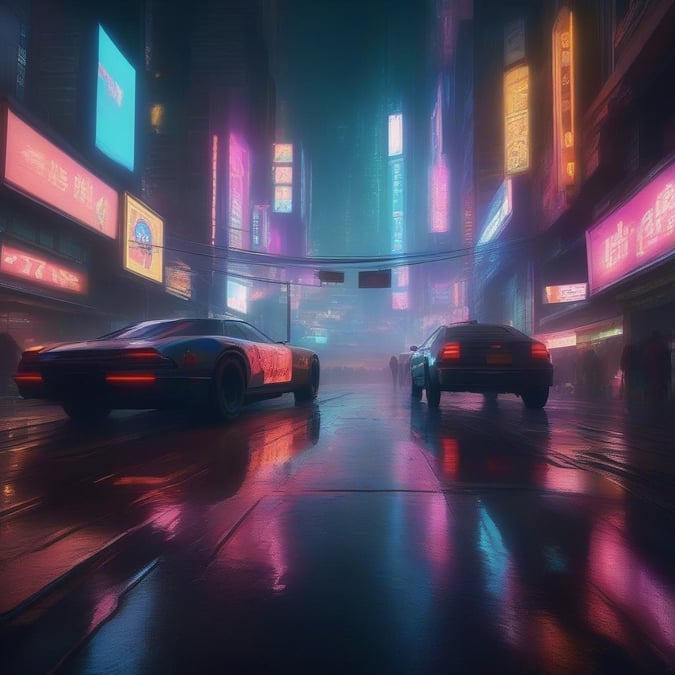 Lively city street in the heart of an illuminated metropolis, with futuristic vehicles cruising through a rain-soaked night.