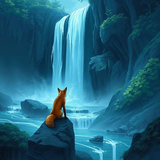 Immerse yourself in a serene world of wonder, where a majestic fox spirit sits in contemplation, surrounded by the soothing sounds of a mystical waterfall.