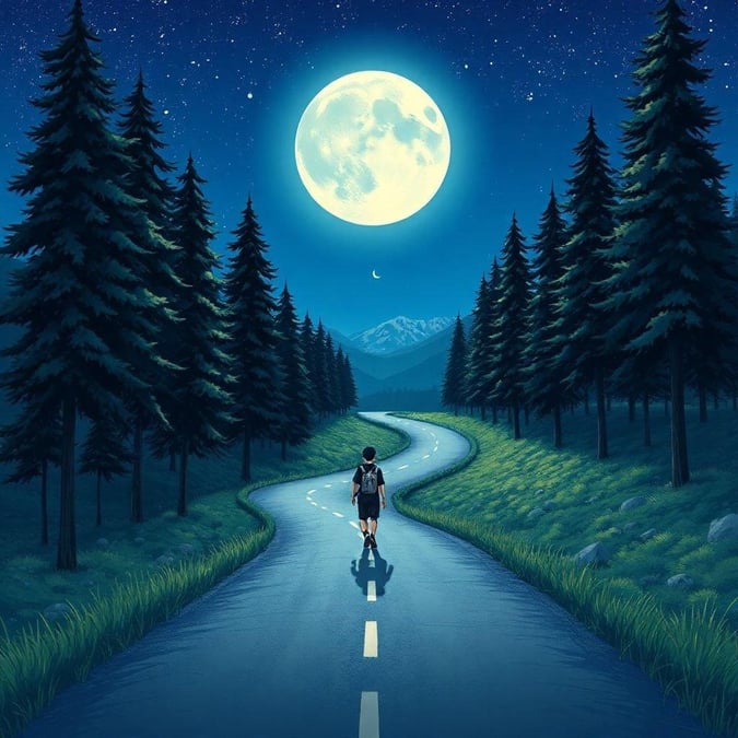 Step into a world of fantasy and adventure with this captivating anime-inspired wallpaper, featuring a lone traveler embarking on a journey through a winding road under the watchful gaze of a full moon.