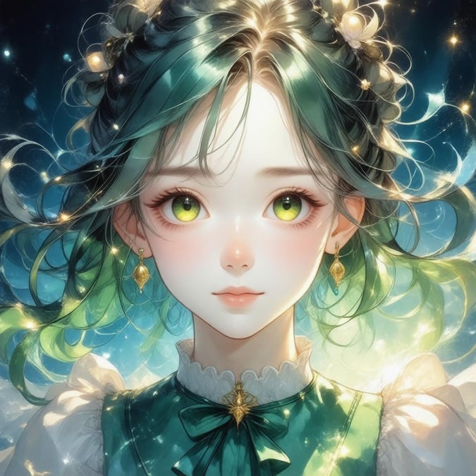 This enchanting anime girl wallpaper is a captivating blend of fantasy and beauty. Her magical transformation is evident in her flowing green and blue hair, and her piercing gaze draws you in. The deep blue background adds depth, making her powerful presence stand out.