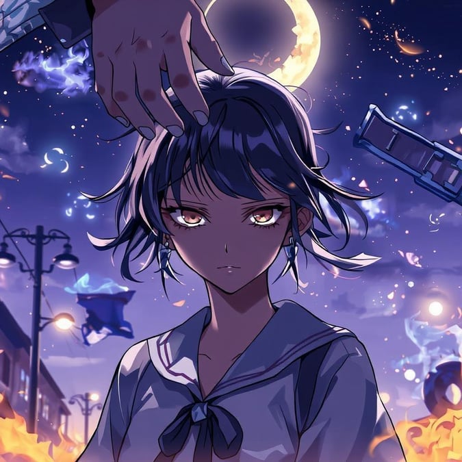 This anime-style illustration captures a shy high-school girl standing under a street musician's hand, surrounded by a starry night sky and a crescent moon. The mysterious atmosphere is enhanced by the girl's enigmatic expression, making for a captivating and dreamy scene.