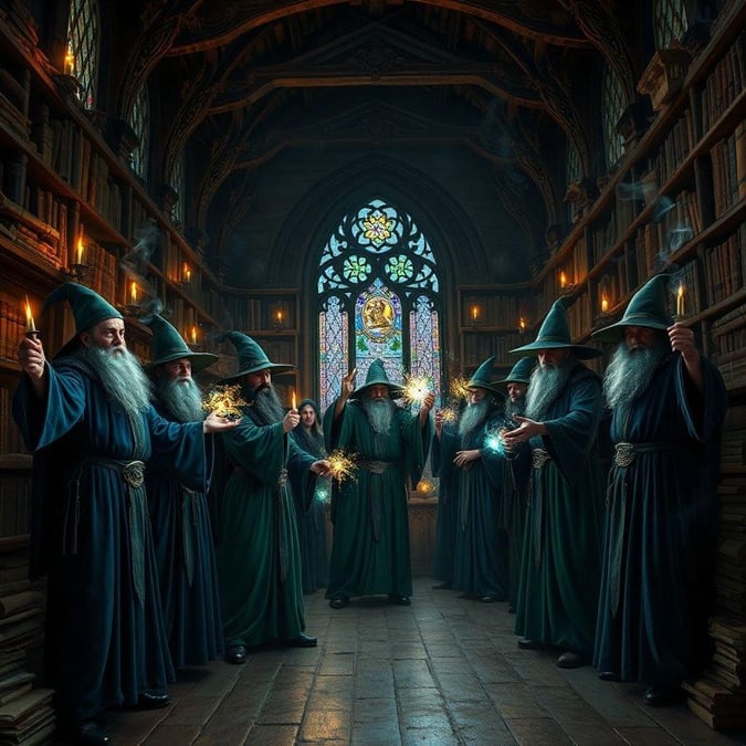 A group of wizards convene in an ancient library, holding candles aloft as they share ancient magics.