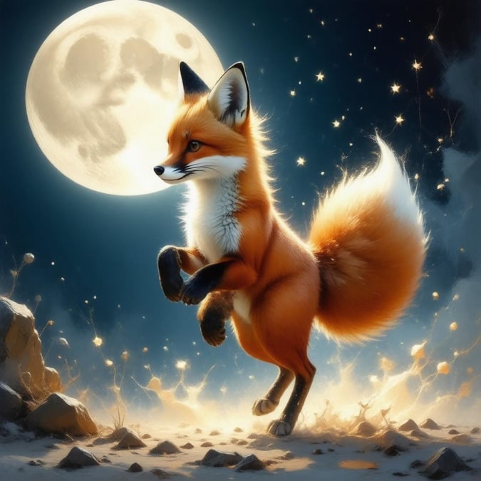 This captivating digital illustration showcases a young fox spirit dancing under the radiant light of a full moon. The fox's striking orange fur and white fur stand out against the dark background, creating an anime-like effect that is both dynamic and captivating.