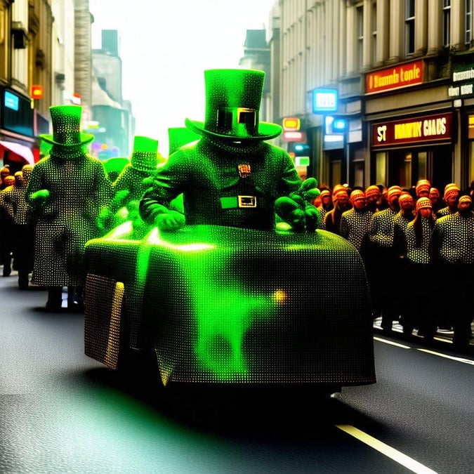 This lively scene captures the energy and spirit of a St. Patrick's Day parade, complete with green costumes and floats that bring the theme to life.