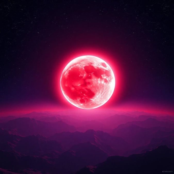 A dramatic moonrise over a majestic mountain range, with the full blood red moon casting a mysterious glow.