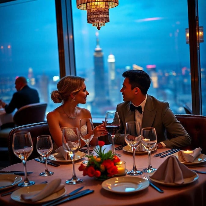 A couple enjoying a romantic date night in a luxurious restaurant with a stunning city view.