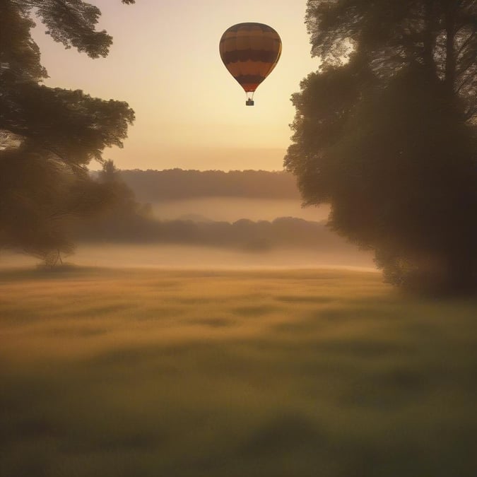 Take flight into the evening sky with this vibrant hot air balloon. The warm hues of the sunset cast a magical glow over the expansive field and distant forest, creating a serene backdrop for your aerial adventure.