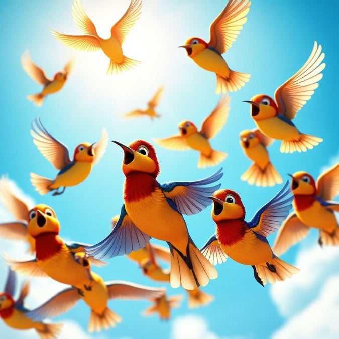 This colorful wallpaper features a joyful gathering of cartoon birds soaring through the sky, perfect for adding a playful touch to your desktop or mobile device.