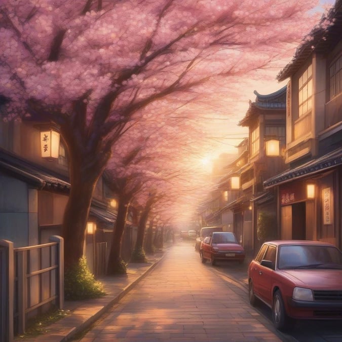 A serene cherry blossom lined street at dusk, where modern life meets traditional Japanese beauty.