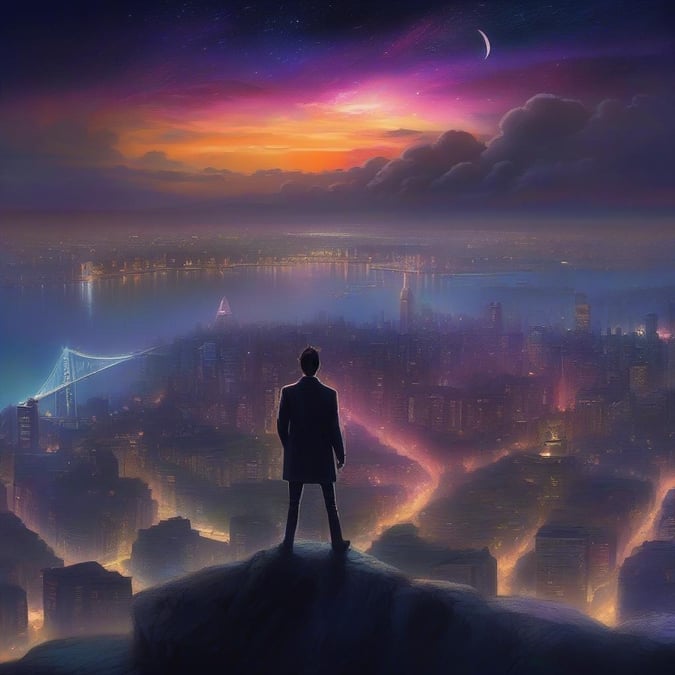 A man stands on a hill, gazing out at the city skyline as the sun sets on a new year.