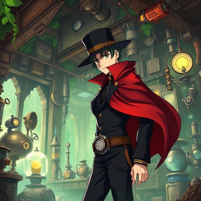 Bu muhteşem anime esinlenmeli duvar kağıdı ile steampunk'un büyüleyici dünyasına dalın. Zeki aletleri ve cihazlarıyla çevrili bir dahi mucidin detaylı illüstrasyonu, sizi bir harikalar ve hayal dünyasına taşıyacak.