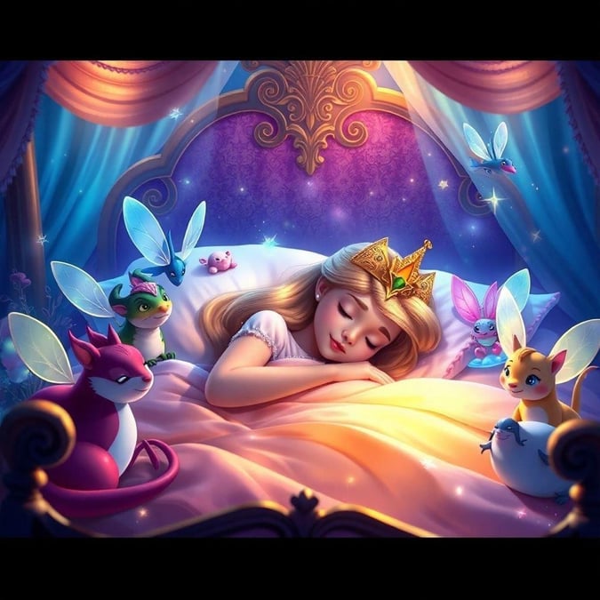 A serene night scene featuring Disney Princess Aurora, her royal friends, and enchanted forest companions.