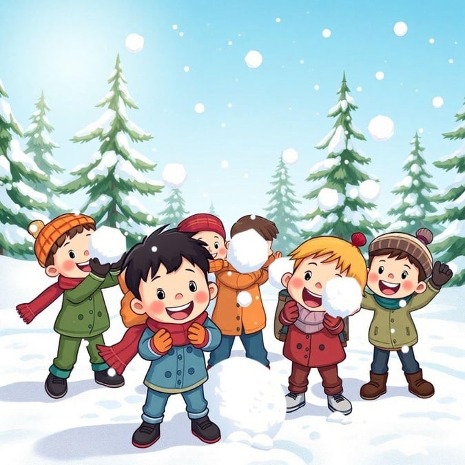 A cheerful winter scene with cartoon kids enjoying snowball fun in a wintry landscape.