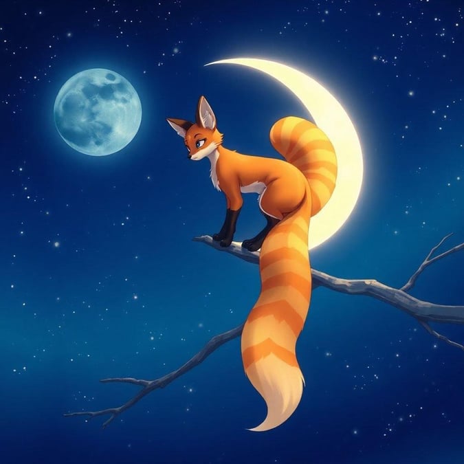 A mystical anime illustration of a fox spirit perched on a crescent moonlit branch, emitting an aura of mystery and intrigue.