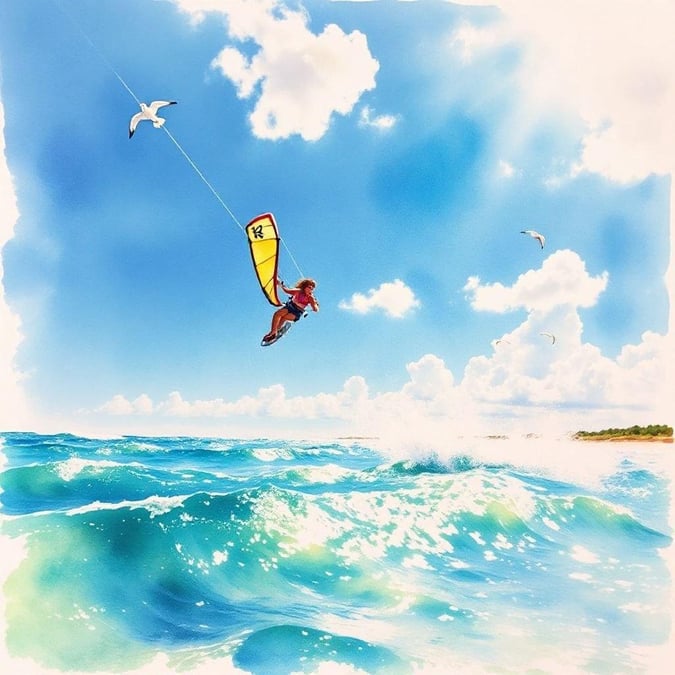 Embark on an exhilarating ocean adventure with this sailboarding scene. A person in vibrant attire harnesses the power of a clear blue sky and tropical ocean waves, riding them to the skies. Witness the freedom of flight as seagulls swoop by, adding to the idyllic island setting. This adventurous wallpaper is perfect for desktop and mobile devices, capturing the essence of ocean escapades.