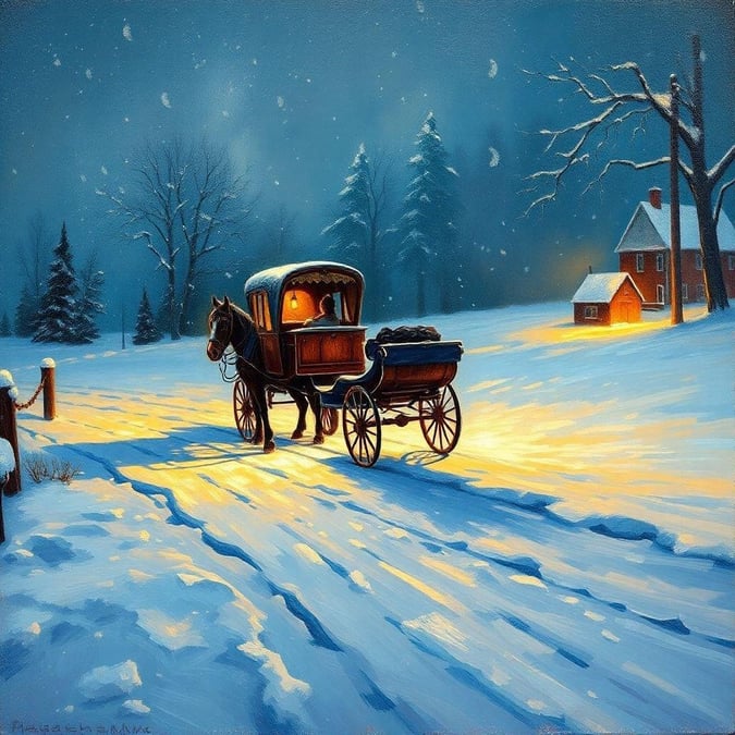 A horse-drawn carriage navigates a snow-covered road, surrounded by the serene beauty of a winter wonderland.