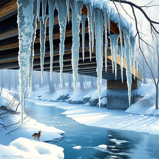 This festive winter wallpaper captures the serene beauty of a snow-covered bridge, with icicles hanging from the roof and a coyote standing on the snowbank, creating a peaceful and magical atmosphere.