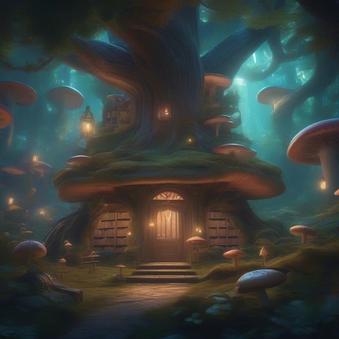 A magical forest at night with a whimsical cottage, mushrooms, books, and glowing lights.