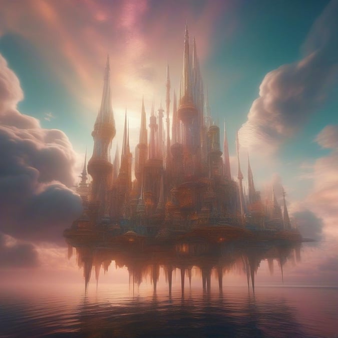 A beautiful fantasy castle floating in the sky, surrounded by clouds and water. The castle is made of stone and has many spires and towers, surrounded by a moat of water that reflects the colors of the sky.