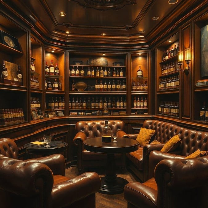 Experience the warmth and sophistication of a whiskey tasting room, where every bottle is an invitation to savor the finest flavors. Luxurious leather seating, a plush rug underfoot, and wooden shelves lined with glasses and decanters await your arrival.