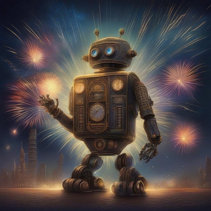 A whimsical robot celebrates the New Year with fireworks in a futuristic city skyline.