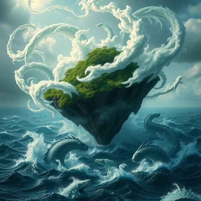 This 3D art fantasy landscape wallpaper is a stunning representation of a fantastical world, with a floating island and sea serpents. The image features a serene and mystical atmosphere, with the island covered in lush greenery and the sea serpents swimming in the ocean. The overall effect is one of wonder and enchantment, inviting the viewer to step into this magical world.