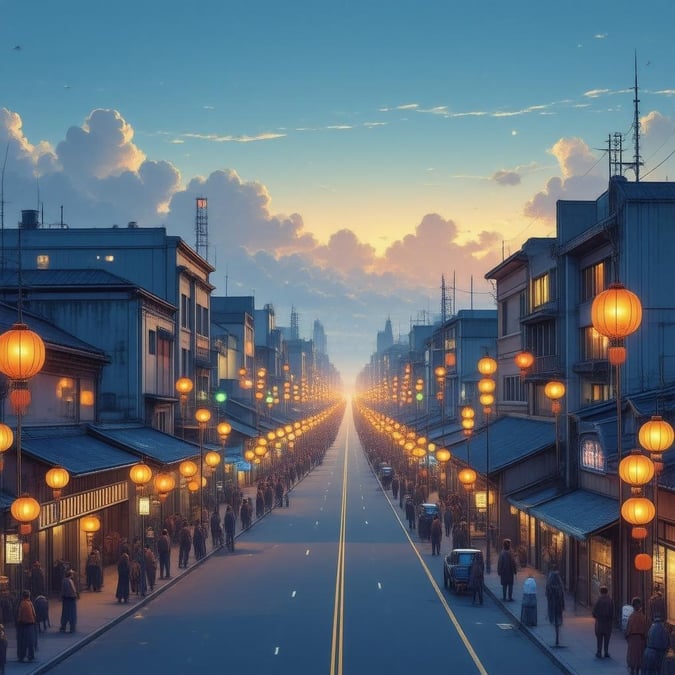 Dyk ned i den livlige verden af anime med dette fantastiske bylandskabsbaggrund. Den travle gade, prydet med farverige lanterner, skaber en livlig atmosfære, mens de varme orange og gule lys fra bygningerne bidrager til den hyggelige stemning. Den dybe blå himmel, prikket med et par spredte skyer, fuldender den rolige og fængslende scene.