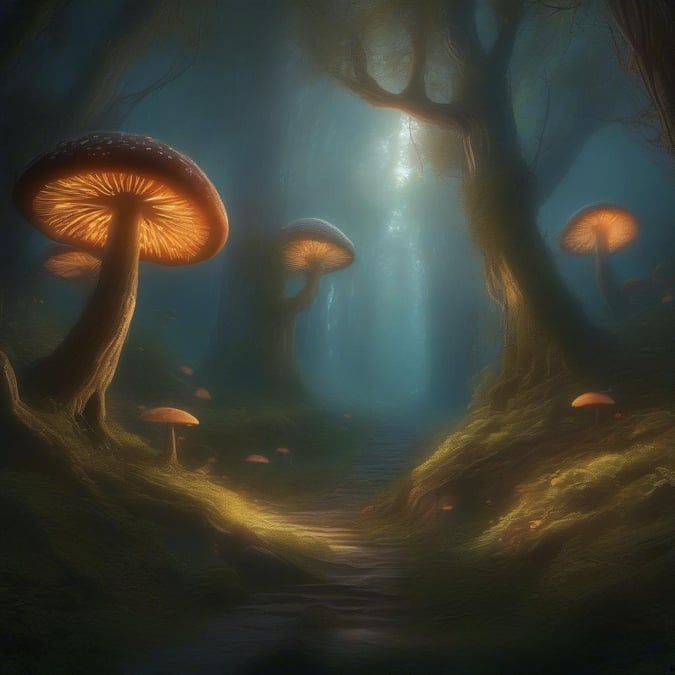 A mystical journey through a fantasy forest, where mushrooms glow with an ethereal light amidst the shadows.