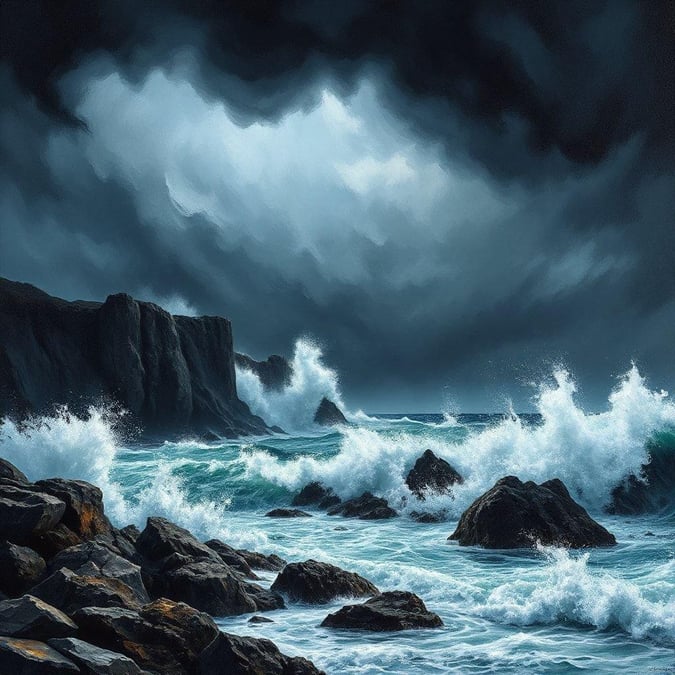 This stunning landscape wallpaper captures the raw power and beauty of a stormy seascape. The dark and moody sky, with its dramatic clouds and lightning, sets the tone for the turbulent sea below. The waves crash against the rocky shore, creating a sense of movement and energy. The image is a perfect representation of the natural world's ability to evoke feelings of awe and wonder.