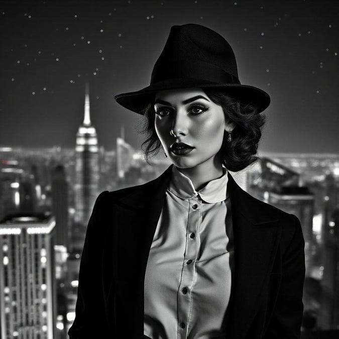 Embrace the allure of the city that never sleeps. This captivating wallpaper takes you on a journey through time, with its vintage aesthetic and modern styling. Featuring a stylish woman in a chic vintage ensemble against the iconic New York City skyline at night.