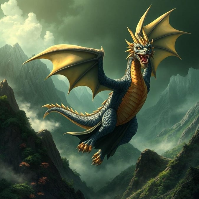 This stunning anime-style illustration captures the essence of a majestic dragon emerging from a misty mountain range, its wings spread wide, set against a dark and mysterious forest backdrop.