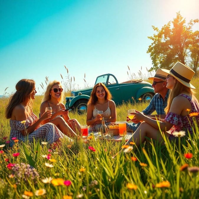 A group of friends enjoy a sunny day outdoors, sipping refreshments from wine glasses. The vintage car parked nearby adds to the nostalgic atmosphere.