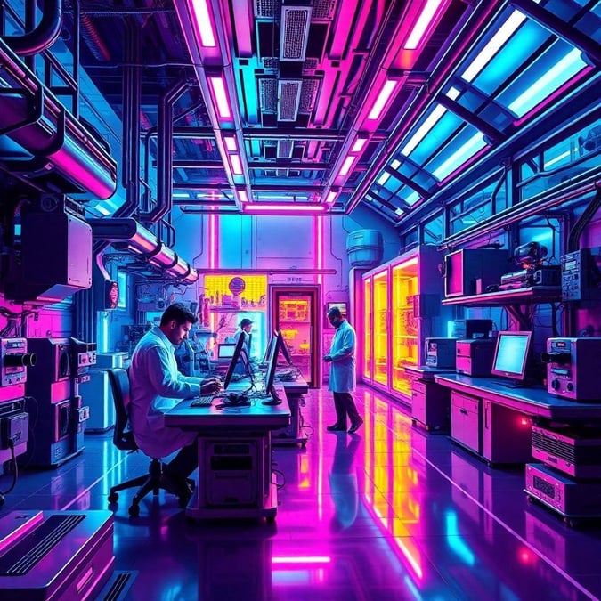 Delve into the digital frontier with a team of cybernetic researchers. This image captures a moment in their high-tech laboratory where cutting-edge gaming and scientific exploration converge.