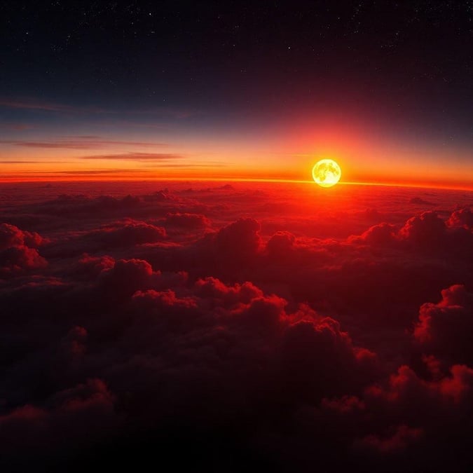 This mesmerizing view captures the breathtaking moment of a sunrise or sunset from outer space, as seen through clouds. The vibrant hues of red and orange dominate the sky, with the sun casting its radiant glow against the backdrop of the galaxy. This image is perfect for desktop or mobile wallpaper and embodies the wonder of cosmic landscapes.