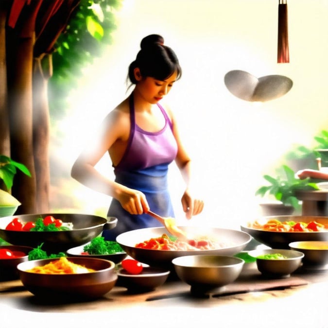 A woman immersed in preparing traditional Asian dishes, surrounded by vibrant ingredients, showcasing the cultural artistry of food.