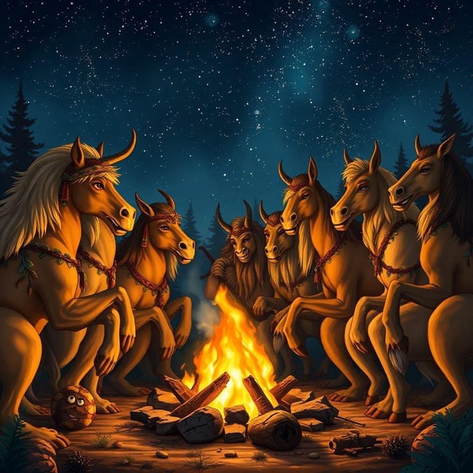 In the quiet of night, a group of majestic horses gather around a crackling campfire. Their muscles relax as they enjoy the warmth and camaraderie, their breath creating small clouds against the chill of the evening air. The glowing embers cast an ethereal light on their forms, hinting at the magic that may be part of their makeup. This tranquil scene could easily transport you to a world where mythical creatures come together, sharing stories and laughter under the watchful stars.