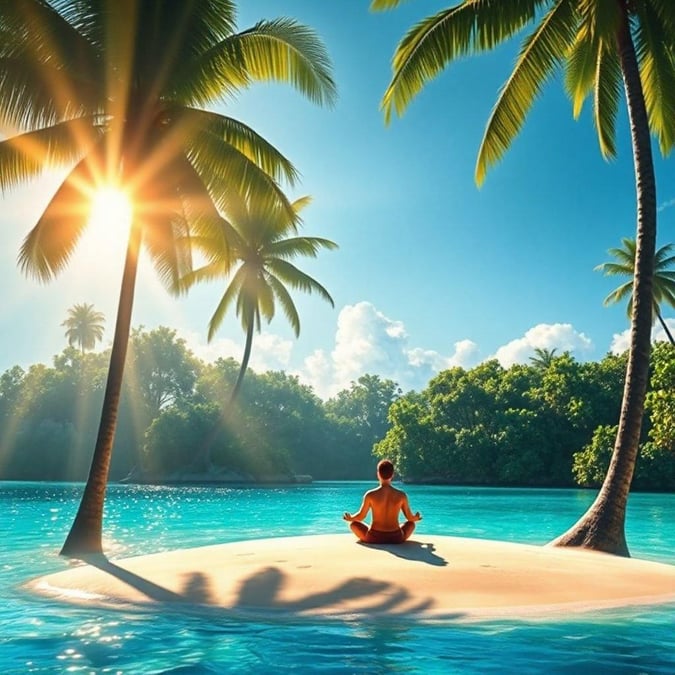 A peaceful man relaxes on a sandy beach with palm trees, soaking up the sunshine on a bright day. Relaxation and tropical vibes!