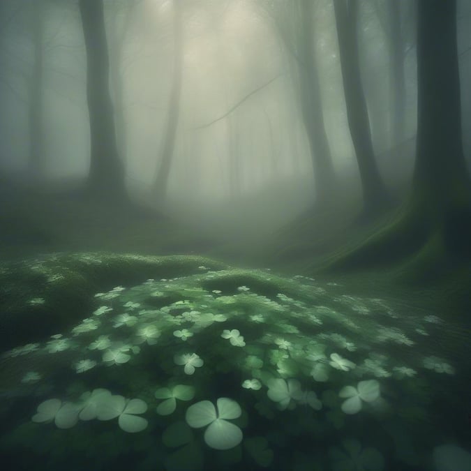 Get into the spirit of St. Patrick's Day with this stunning wallpaper featuring a lush forest filled with clovers. Perfect for desktop and mobile use, this image is sure to bring a touch of Irish luck to your device.