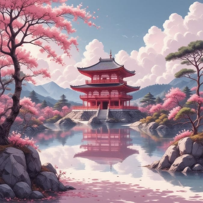 A tranquil anime-style scene featuring a traditional Japanese temple nestled among lush cherry blossoms. The temple's vibrant pink and white colors contrast beautifully with the surrounding greenery, creating a picture of harmony between nature and human-made art.