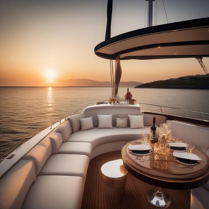 Experience the sunset from a luxurious yacht with elegant furnishings, complete with champagne and fine dining. Perfect for a romantic getaway or celebration.